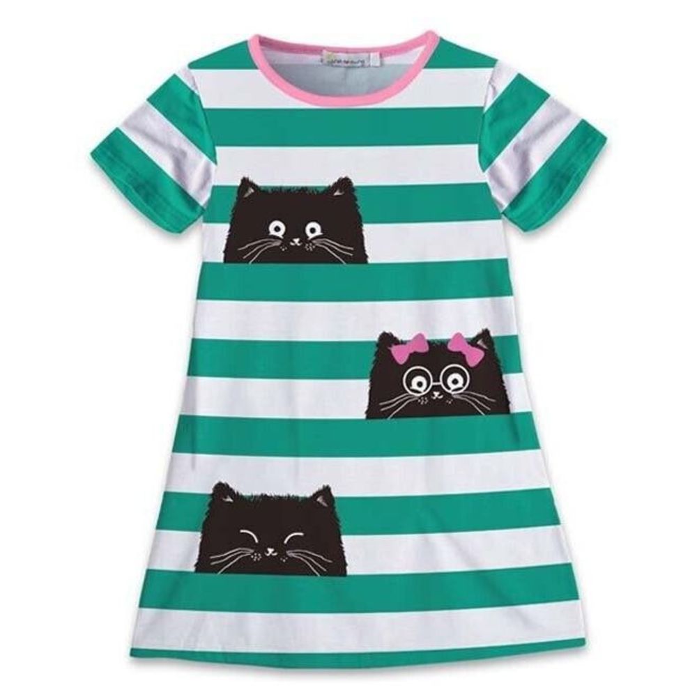 Sunshine Swing Green & White Stripe Cat Face Shift Dress - Girls Size 6